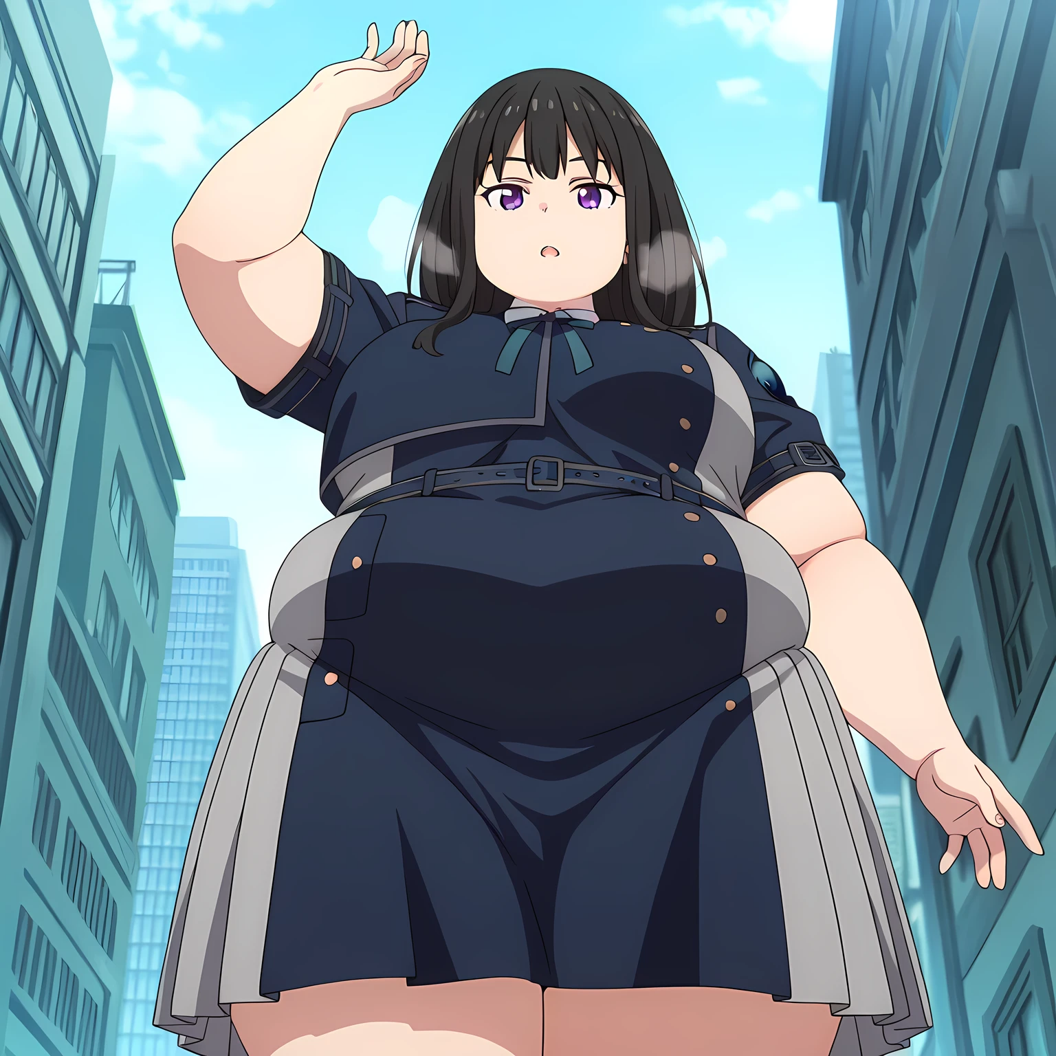 masterpiece, best quality, highres, newest, 1girl, solo, official style, anime screencap, takina, black hair, purple eyes, lycoris uniform, expressionless, outdoor, city, day, looking at viewer, cowboy shot, hand up, five fingers fat, chubby, obese, gigantic arms and legs, large breasts open mouth, out of breath, pov belly, from below,