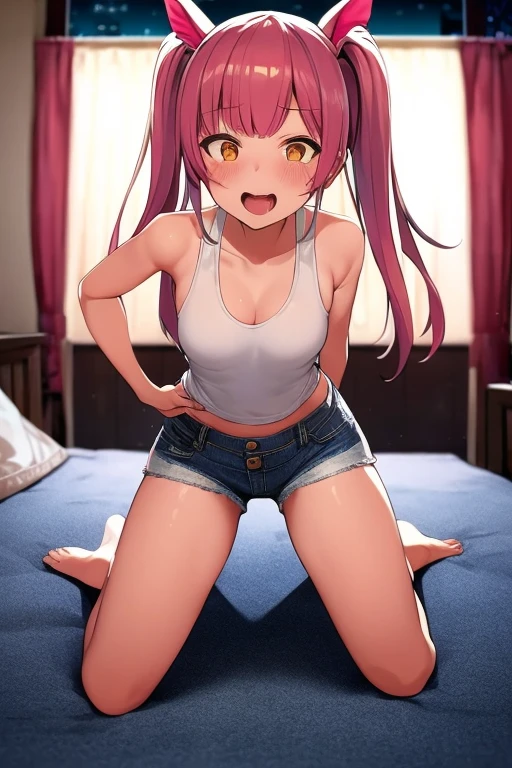 Masterpiece, best quality, highres, close up, red hair, yellow eyes, long hair, blush, huge breast, ((hair down)), very long hair, indoors, doorway, grin, sweating, black tanktop, cleavage, dolphin shorts, navel, strappless