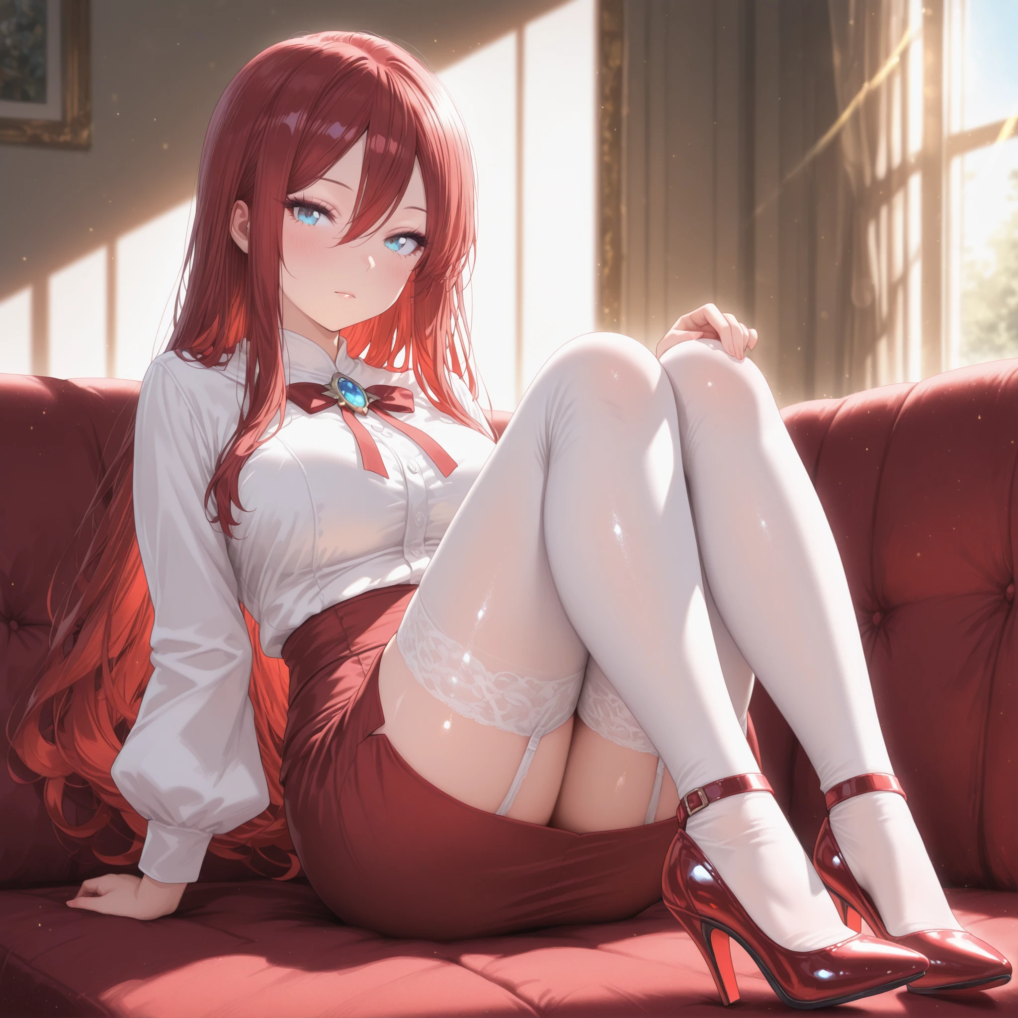 Sit on M's lap,Girl showing panties,Long fiery red hair,white lace chemise,Big body,tmasterpiece,is shy,Be red in the face
