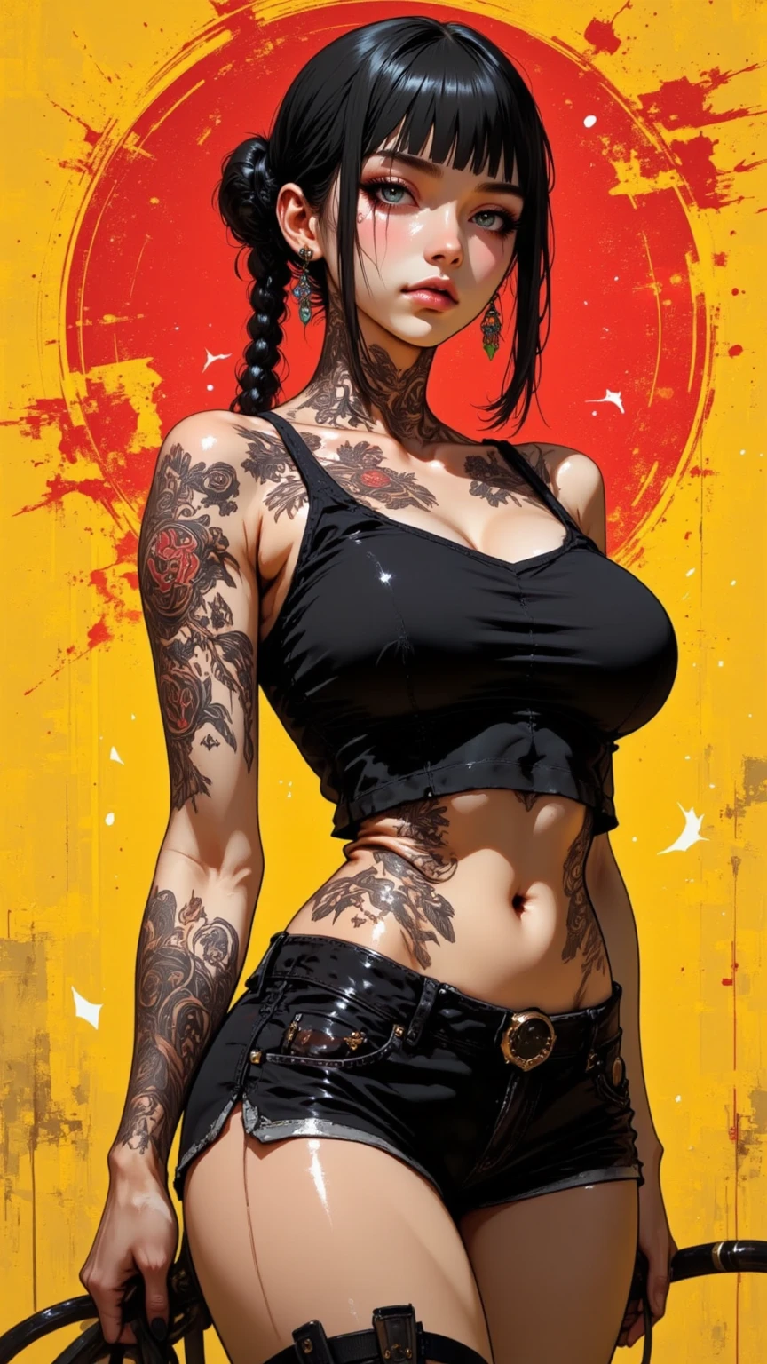 A beautiful woman wearing legging pants with tattoos on her arms and chest, Coberto, com tatuagens, corpo tatuado, corpo totalmente tatuado, tatuagens por toda a pele, Estilo de tatuagem, estilo de tinta, tatuagens de corpo inteiro, tatuagens de corpo inteiro, tatuagem de corpo inteiro, tattoo sleeve on her right arm, tatuagens, tatuagem inteira, tatuagens e piercings, corpo superior realista bonito, Tatuado