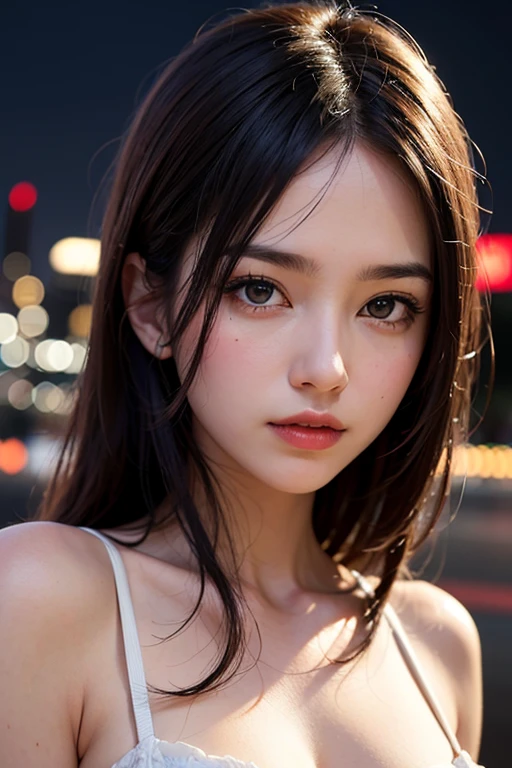 1 girl, Tokyo Street,night, Streetscape,City lights,Upper Body,close,smile,, (8k, RAW Photos, highest quality, masterpiece:1.2),(Realistic, photo-Realistic:1.37),