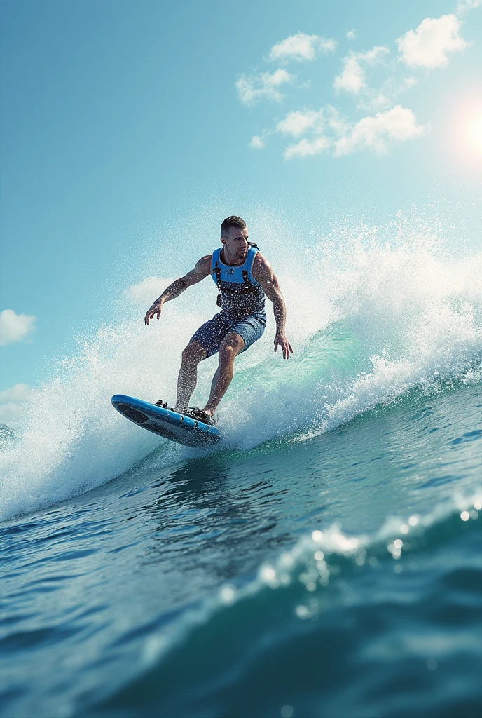 30-year-old male surfer with long blond hair surfing the ocean with a prosthetic leg