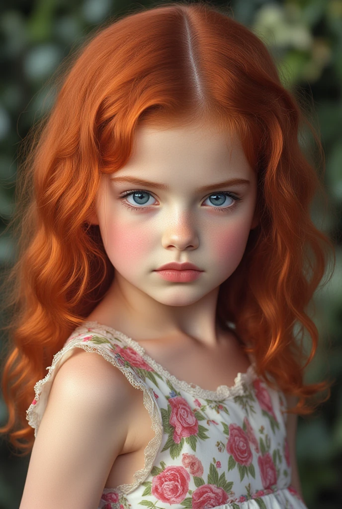 8 year old girl with long red hair reaching below her shoulders, with green eyes and reddish eyelashes. Pastel pink painted lips.