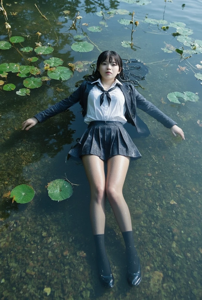 Japanese,young woman,Black Hair,ponytail,Iris,Upper Body,Lie on your back,Camera angle from above,looking at the camera,A quiet, softly sunlit meadow,(rain:1.5),(full body shot:1.5)
