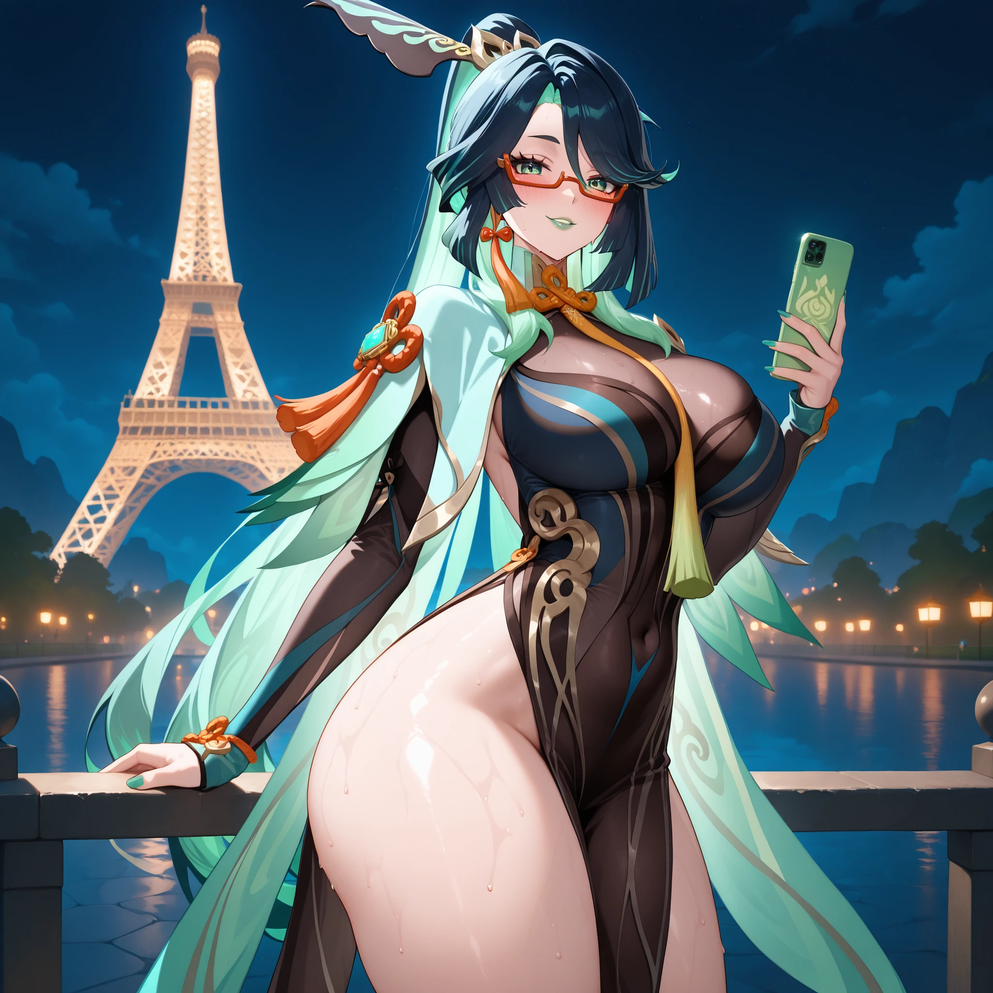 score_9,score_8_up,score_7_up, 1 Female,Slim body,Shiny skin,Sweaty skin, Xianyun\(Genshin Impact\),Genshin Impact,Red Glasses, Green eyes, Green lips,parted lips,Green nails,(seductive smile), blush, curvy, large breasts,Big Butt,mature,SOLO,Cowboy shot,Outdoors,full face,blush,holding the Green Cellphone,looking at viewer,standing,(Background is The Eiffel Tower),soft light,At Night,Moonlight,anatomically correct, accurate, best quality,UHD,1080P,16K
