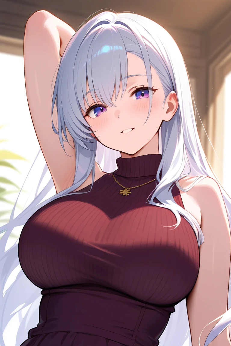 pink bra, black tank top, pink bra, big breast, , white hair, upper body, smile, blush, outdoors, day, simple background, blue sky, long hair, sky, temple, looking at viewer, , white tank top, ahegao