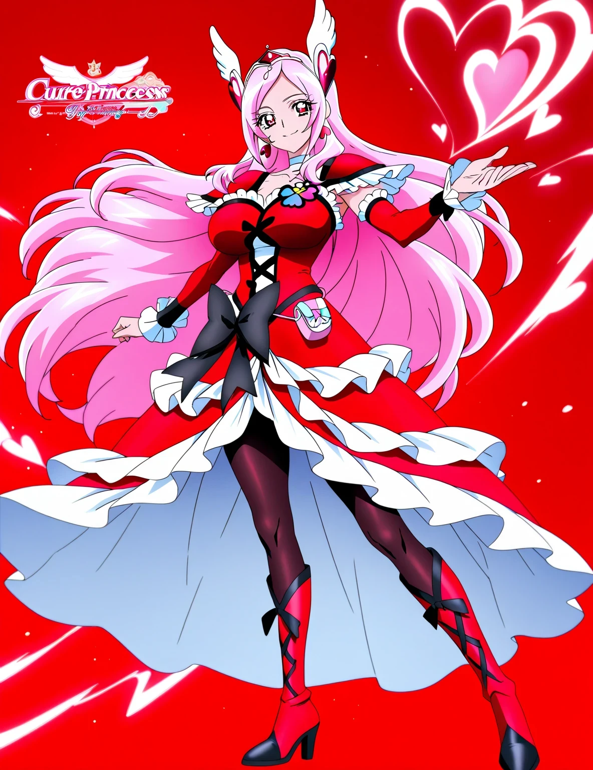 score 9 、score 8 up、score 7 up、source anime、masterpiece、best quality、best resolution、very detailed face、 very detailed 、very detailed details、anime coloring、1girl、cure passion、female character is wearing a red dress、beefcake standing、pink hair、floating hair、very long hair、red eyes、shiny hair、heart hair ornamen、heart earrings、solo、zodiac girl knight、magical girl、portrait zodiac girl knight、long legs、big breasts、covered breasts、very large breasts、red detached sleeves、black pantyhose、red shoulder pads、wrist cuffs、white neckwear、white choker、jewelry、four-colored-clover ornament to left chest、red skirt under the black pantyhose、red legwear、red knee boots、red footwear、knee boots、heel boots、black bow、red skirt、!!Full body portrait!!、 magical girl style、cool beautiful、magical aura、cool sexy、anime princess、official anime style、lewd anime style、official anime artwork、frilled dress、layered dress、hymn to the king as a princess、covered trapezius、biceps、biceps long head、biceps short head、triceps、triceps medial head、triceps lateral head、triceps long head、brachioradialis、deltoids、covered thigh muscles、covered adductor magnus muscles、cool smile、Nihilistic smile、sexy smile、perfect body、perfect hands、perfect arms、perfect legs、tall girl、looking at viewer、female focus、cowboy shot、cure passion outfit、beefcake style、crimson red background、