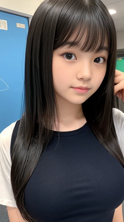 masterpiece, best quality,1girl, solo, black hair, realistic, long hair, black eyes, sweater, bangs, library, closed mouth, upper body, hime cut, selfie