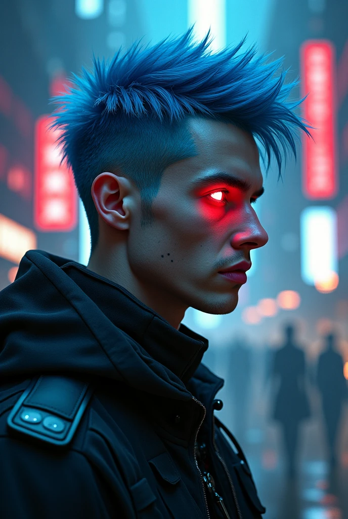 A man with blue hair and a glowing, red eye. - SeaArt AI