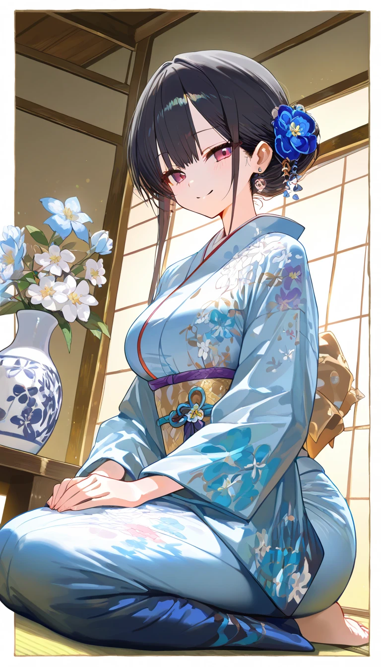 (beautiful girl : 1.3),1 girl,(beautiful blue kimono,earrings,),dark haired,bun hair,Smile Yan,seiza,A large flower arranged in a vase,between floors,Japanese-style room,Shoji screen,tatami,Dynamic Angle,masterpiece,Best Quality,Rich Contrasts,High Definition,8k,High Definition CG Unit Wallpaper,Textures,unbelievably absurd,RAW pictures,Deep Border 1 .2,very detailed