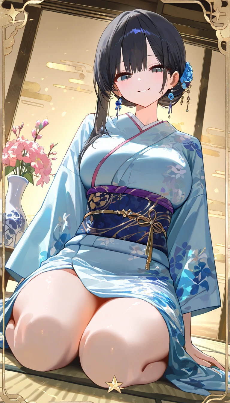 Sakura Jinguji, with her long black hair cut, wearing a long sleeved, luxuriously embroidered, super shiny satin, light blue Western frill dress, spreads her pubic area She cries and poops in her bedroom She spits shit out of her anus