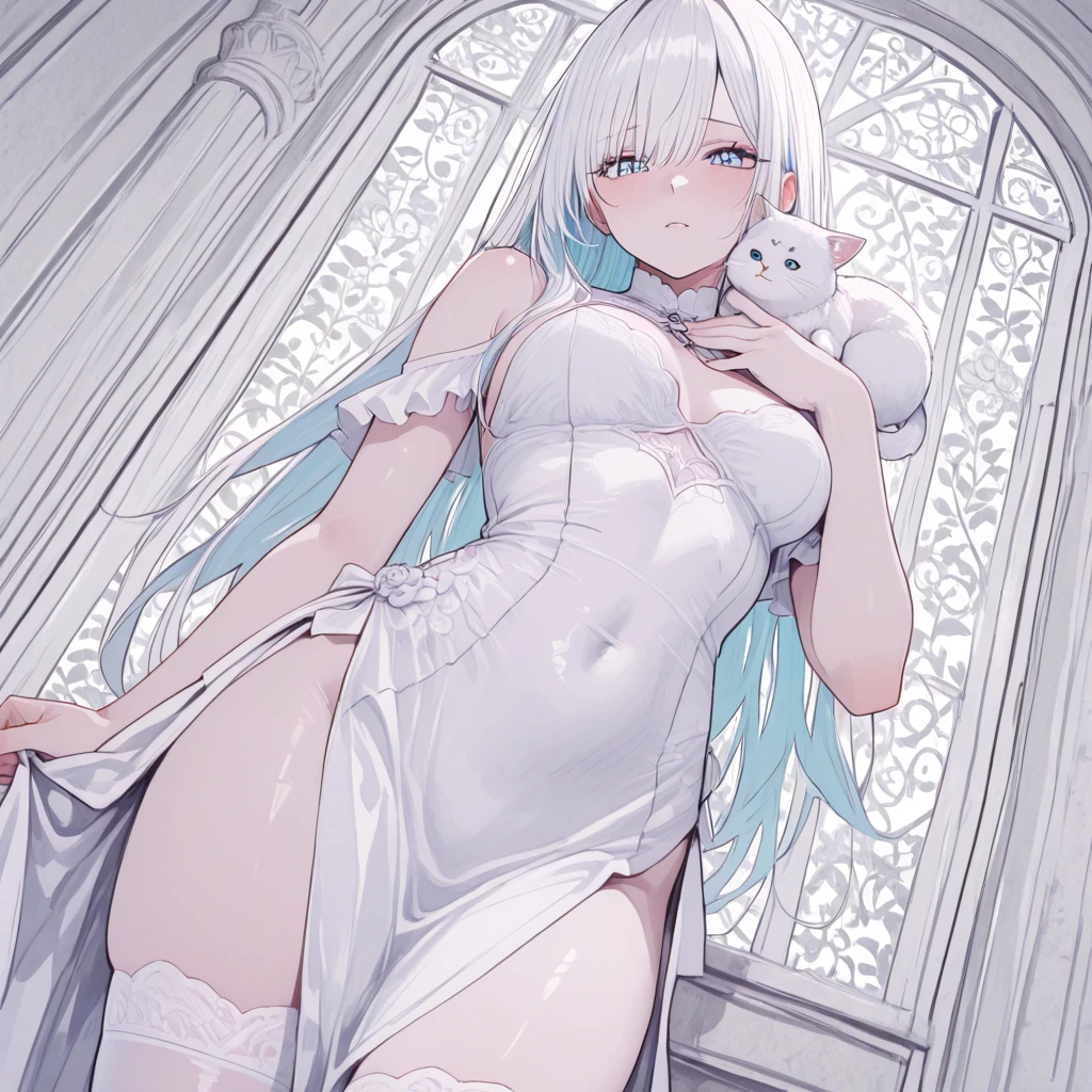 Tsundere 18 year old girl, beautiful and delicate eyes, beautiful lips, very detailed 눈과 얼굴, long eyelashes, 1girl, white cat ears, foot long bag, Front view, Red-eye, (top quality, 4K, 8K, high resolution, masterpiece:1.2), very detailed, (realistic인, realistic인, realistic인, realistic인, realistic: 1.37), very large breasts, elegant, fantasy, white background, cat pose, sexy