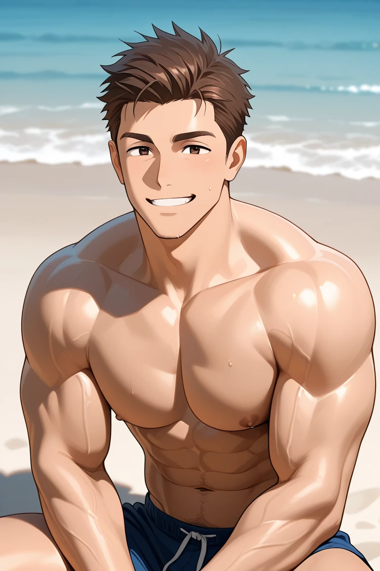 ((best quality)), ((masterpiece)), ((detailed)), (((perfect face))), (((well built man))), (((male))), (((nude))), (((enormous dick))), (((thick legs))), (((abs))), (((perfect body))), (((muscular))), (((happy, smiling, grinning))), (((looking at viewer))), (((beach, rocks))), (((arms crossed))), (((brown hair))), (((facial hair:0.9))), (((chest hair:0.9))), (((bare chest))), ((bare arms)), ((bare shoulders)), (((hands on hips)))