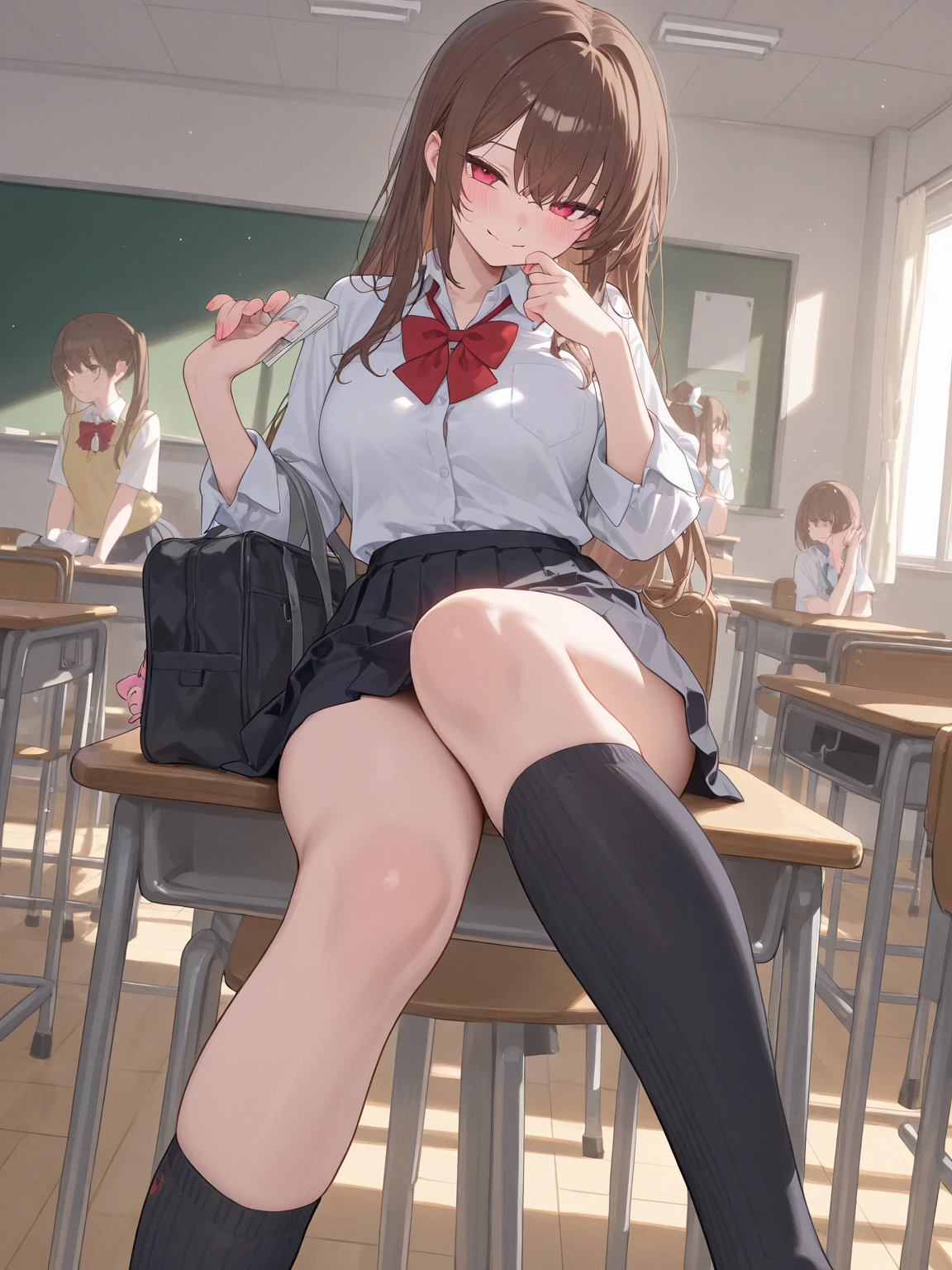 highest quality、masterpiece、1 girl、blush、(smile)、cute、high school girl、((classroom:1.5))、mini skirt、(single braid)、Sit on the ground with your knees upright、Kamimei、look at me、(No panties:1.3)、((shaved pussy:1.5)), ((red bow tie, school uniform, black jacket, open jacket, Brown cardigan, white shirt, black skirt, plaid skirt、black socks))、 (No panties:1.3)、((shaved pussy:1.5))、(highly detailed labia:1.5)