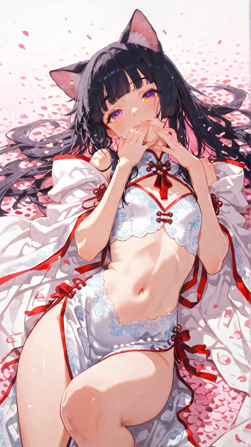 (((depict Nezuko))), la femme porte des vêtements de femme de chambre debout sur le sol, seulement, culotte, sous-vêtement, jupe, (Shiny dark pink satin lace culotte:1.3)、culotte that cover the butt、porte-jarretelles, couché, hauts de cuisse, jupe lift, Regarder en arrière, Réaliste, (((top-quality, masterpiece))), (( lot of details)), (((small breasts))), nice hips, open shoulder, (Masterpiece, Excellent, complex details), delicate girl, delicate face, happy smille