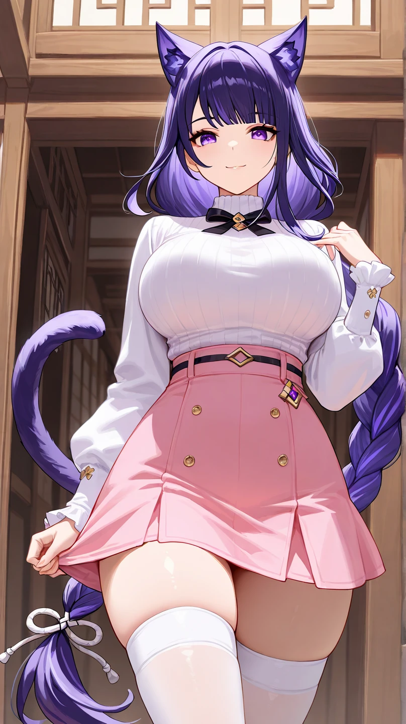 masterpiece, best quality,
<lora:gui:0.5>,gui-all,1girl, solo, animal ears, tail, gloves, collar, bell, short sleeves, puffy sleeves, neck bell, skirt, tail ornament, yellow eyes, bow, cat tail, breasts, cat ears, smile, puffy short sleeves, looking at viewer, tail bow, jingle bell, cleavage, indoors, purple hair, ribbon, bowtie, frills, hair ribbon, standing, short hair, red bow, blush, blue skirt, large breasts, white gloves, green gloves, tatami, red bowtie, slit pupils, hair bow, bangs, frilled skirt, shirt, cowboy shot, white ribbon, tail ribbon