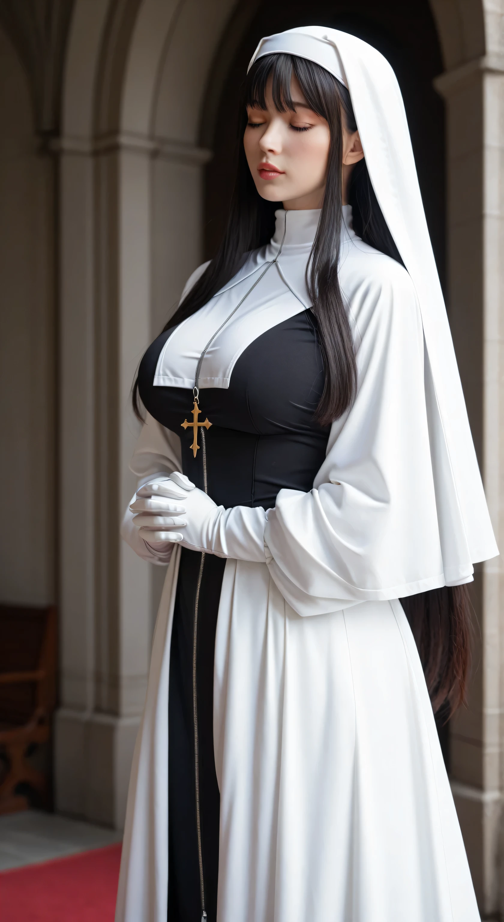 beautiful nun with chained legs,garden background,hyperdetailed textures,Fujifilm XT3,hdr,sensual smile,(curvy 40 year old woman)