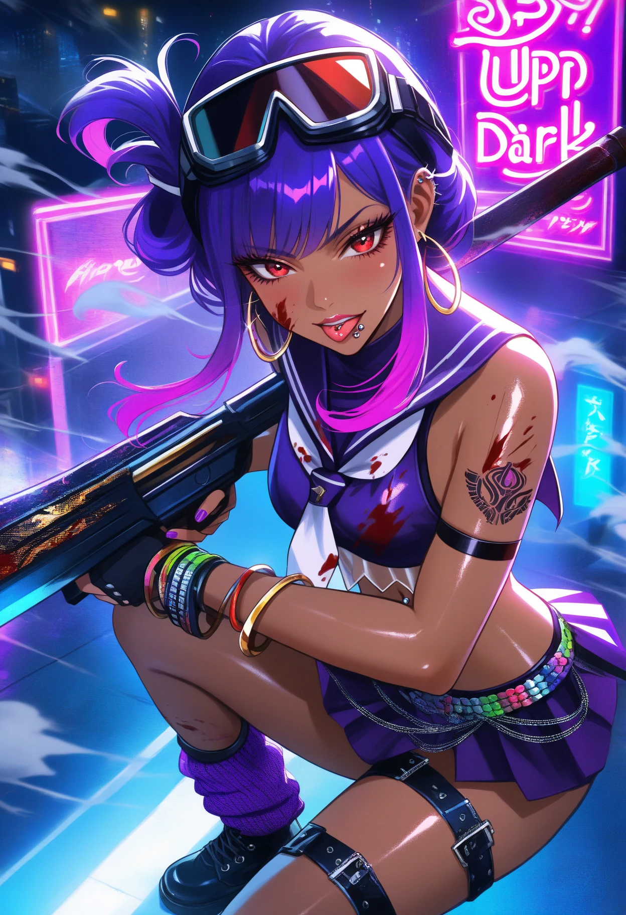 PictomancerFFXIV, 1girl, solo, short hair, open mouth, simple background, gloves, hat, white background, navel, jewelry, jacket, full body, purple hair, boots, midriff, belt, pants, fingerless gloves, necklace, paintbrush, paint drip, paint splash, paint splatter, masterpiece, best quality , official art , 