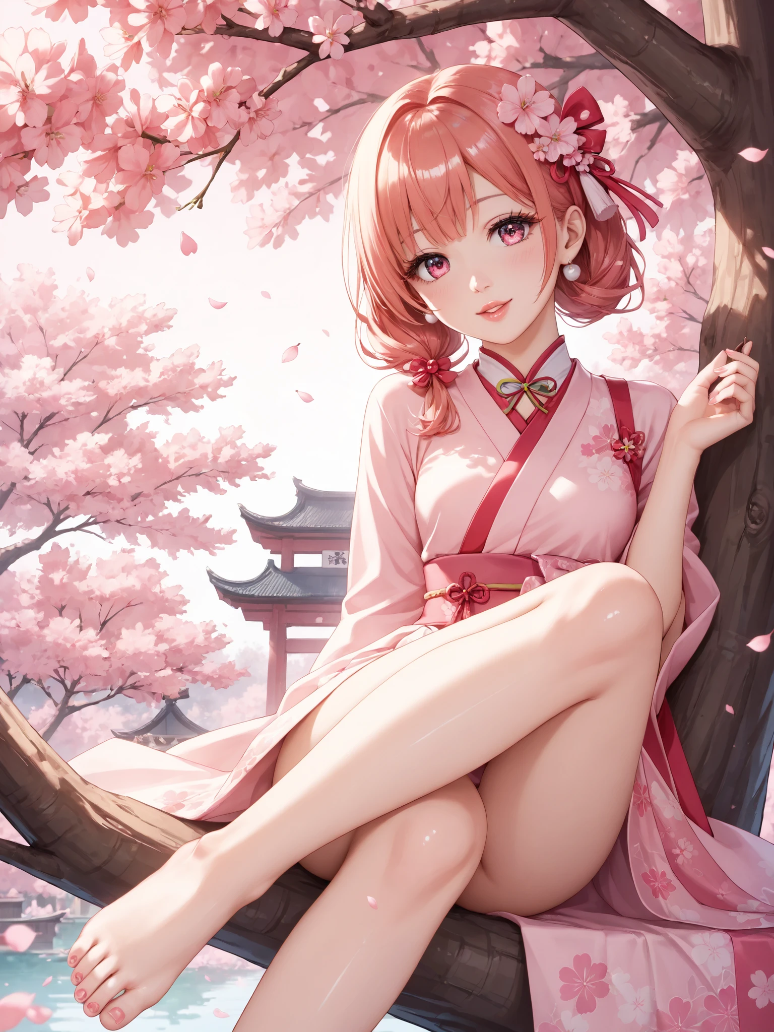 Garota de anime, cabelo rosa, chifres vermelhos, kimono branco com flores vermelhas, sweaty feet raised on a table, holds a gene in your hand