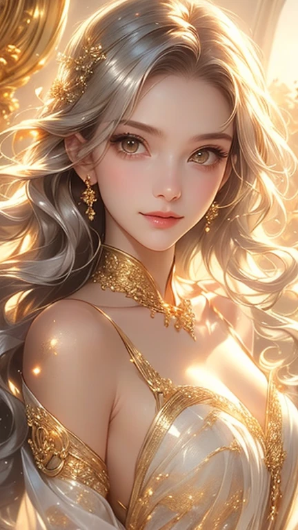 {(best quality, 8k, masterpiece, HDR, soft lighting, perfect image, 1:2 detailed face)} 1 12 year old girl, pink wavy hair, green eyes (light smile) wearing luxurious dress, dreamlike background , details in gold and sparkles