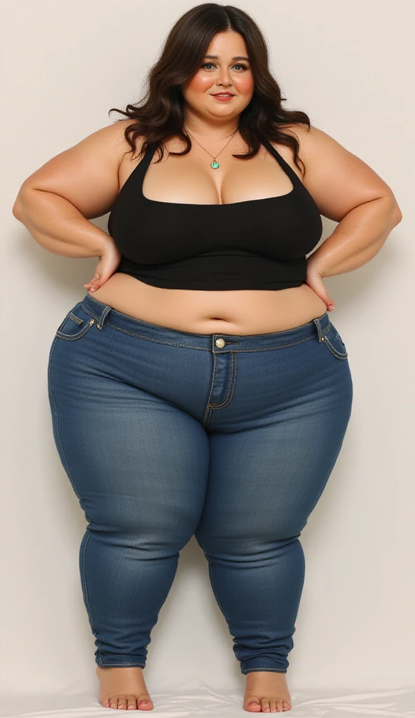 Indonesian woman, thick body, cold atmosphere , thick cheeks , full body , random pose, wavy short hair , thick hips, 40 years old , slightly fat arms , slightly fat belly , thick thighs pants, wearing bracelet ,wearing huge diamond necklace , watch , hena art on her skin,