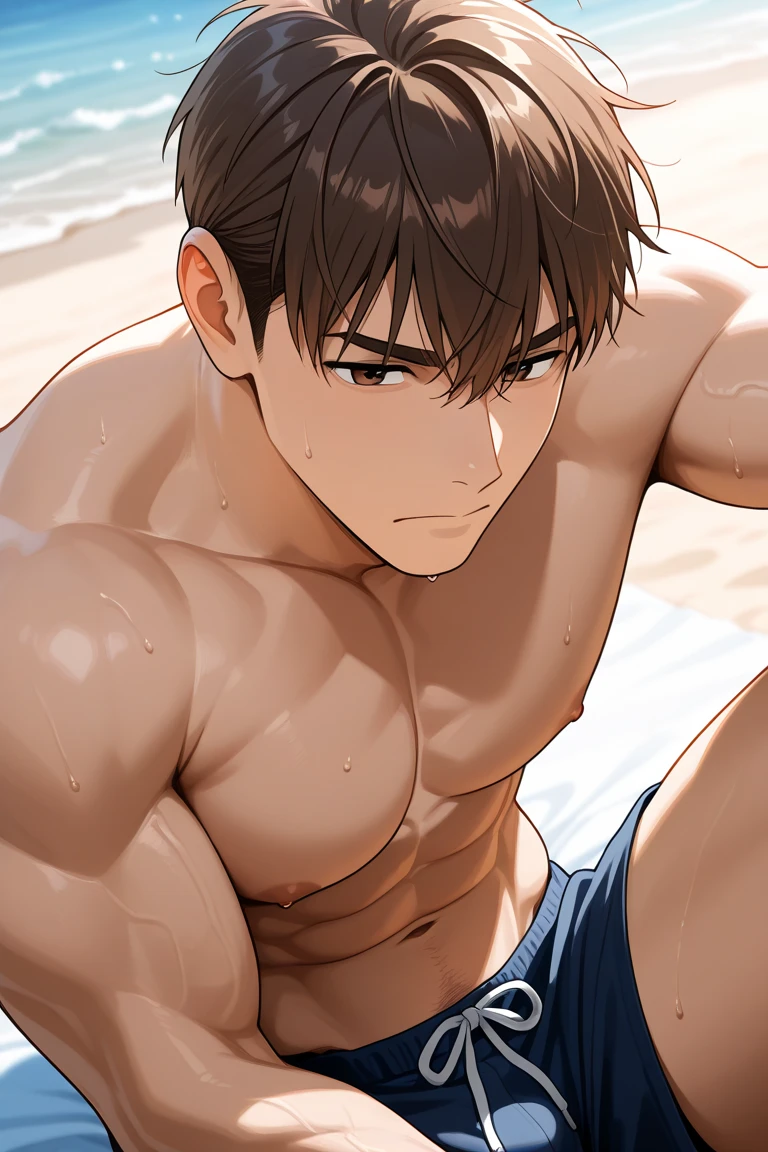 Issei hyoudou brown hair muscular yellow eyes shirtless on the beach