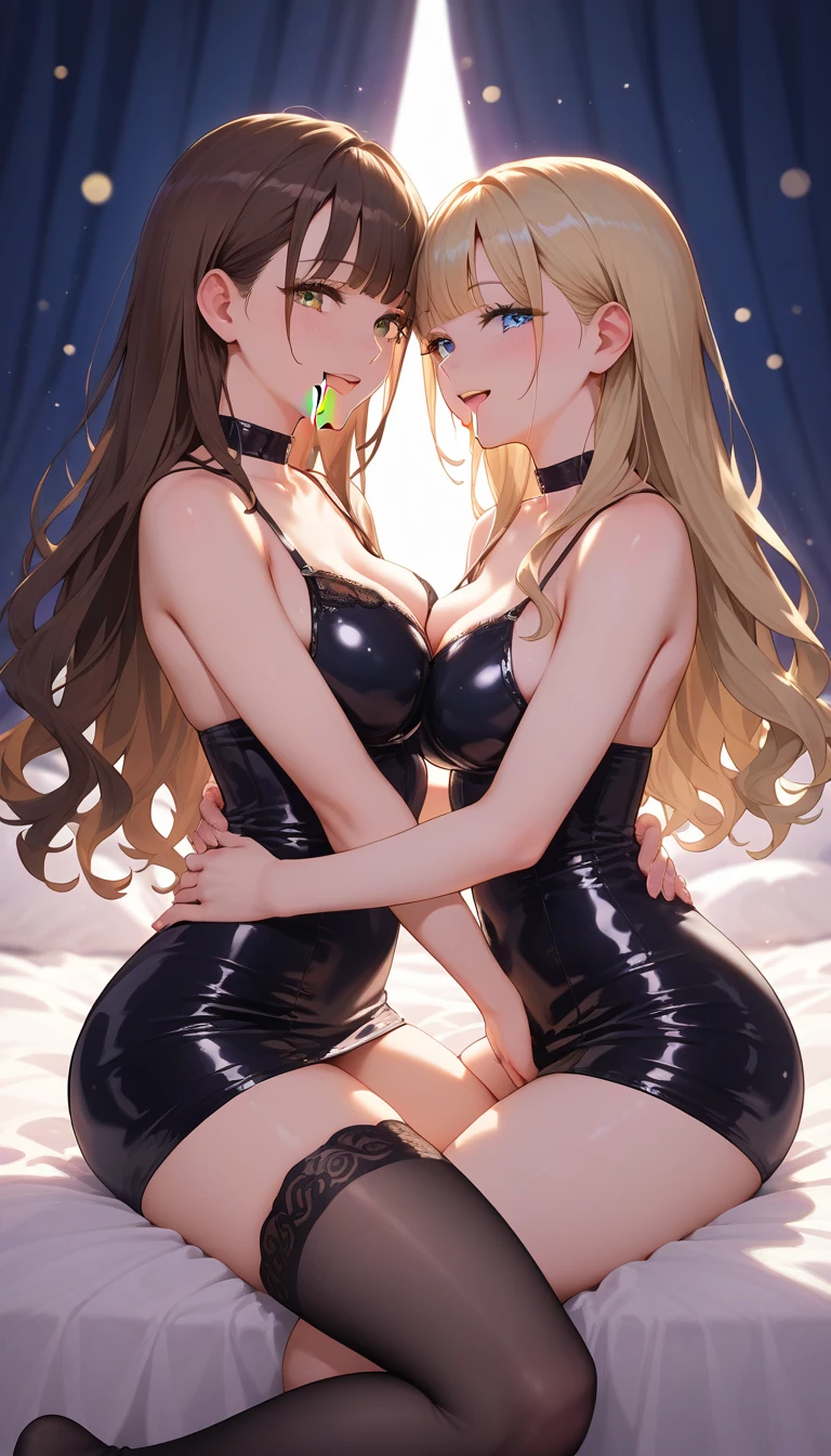 huge boob,Best picture quality,busty figure,Lieyang red lips,Exquisite facial features,Two charming sexy beauties,Wearing black lace erotic lingerie,Wearing black silk fishnet socks,,An iron collar is worn around the neck,,Wavy blonde,Get wet,high high quality,best qualtiy,Hug and kiss each other,Wear cat ears on the head