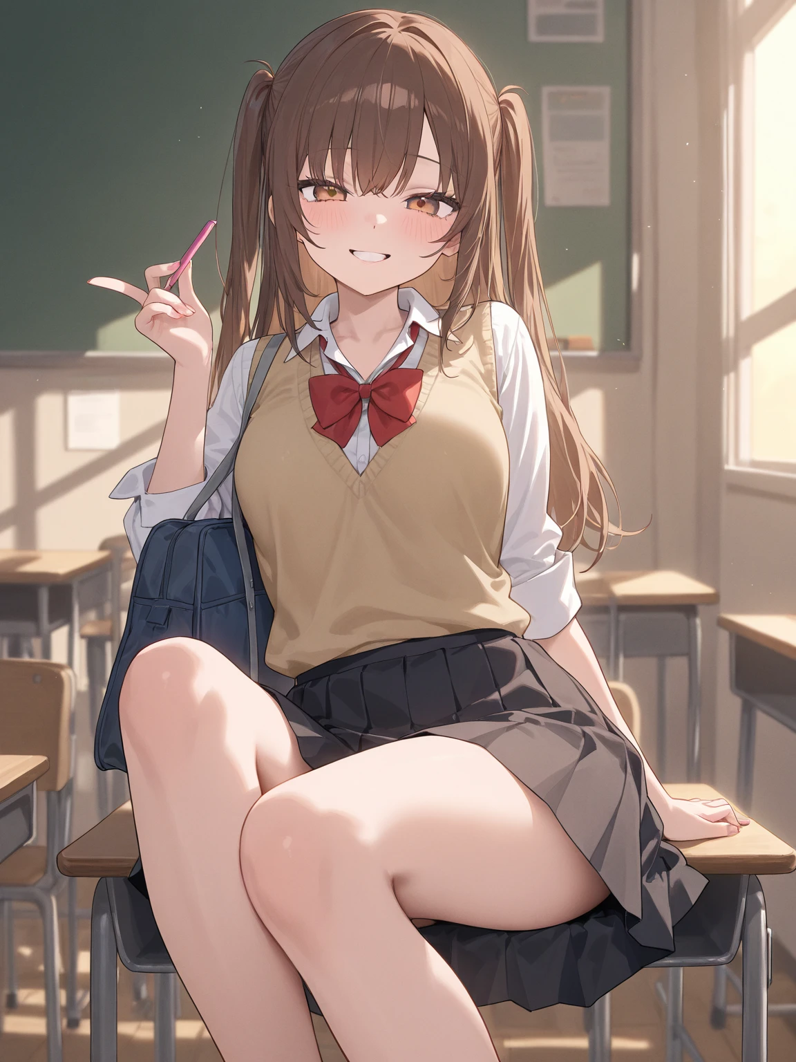 (Monika,green eyes,glossy lips,glasses,golden earrings,long curly hair,brown hair,bangs,sweater vest,pink shirt,tie,school uniform,miniskirt,knee socks,brown shoes,cute smile), (masterpiece,best quality,highest quality,detailed,intricate details,vibrant colors,bright light), solo,sitting on a desk,writing on a notebook,(happy:1.2), indoors,classroom,(students,-fingers),(teacher,-fingers),(blackboard,-fingers),(window,-fingers),(sunlight,-fingers), <lora:DetailEnhancer:0.8>, <lora:DDLC:0.7>