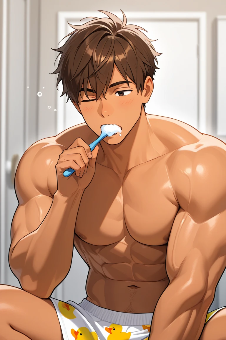 14 years old cute Asian boy, eight-pack abs teen, bodybuilder, muscle boy Eating popsicles, body smeared with ice cream unique bun hair slicked back