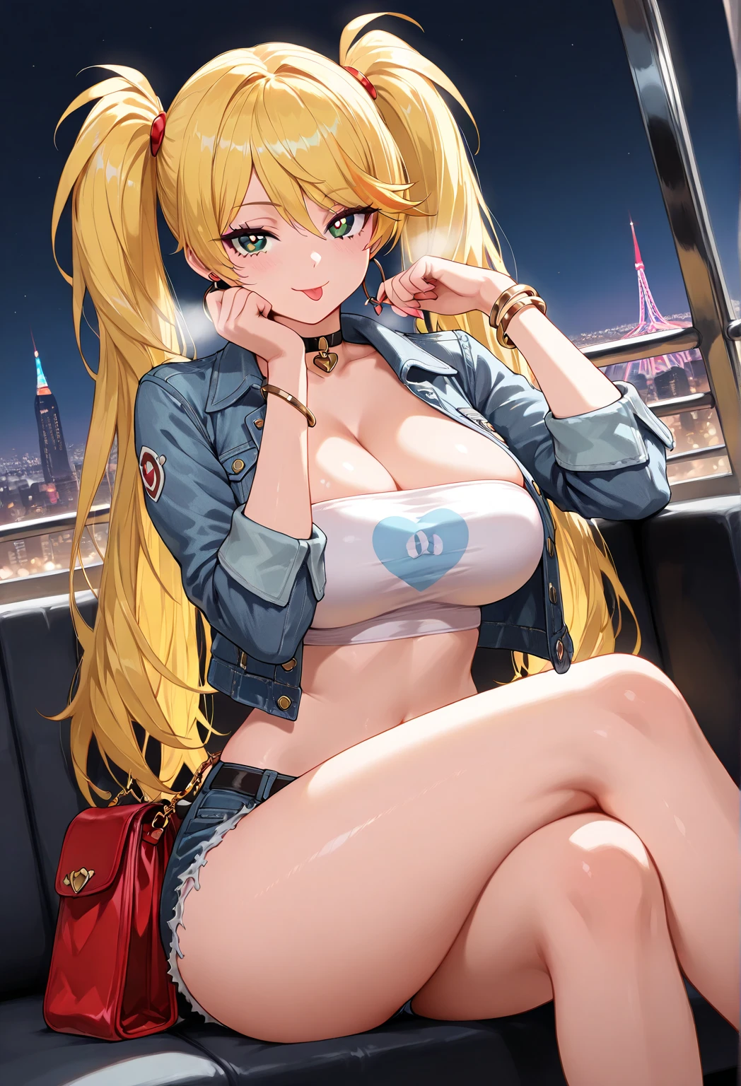 1girl, (((bimbo))),hoop earrings, puffy lips, painted lips, thick lips.
blonde hair, short twintails, wide hips, thick thighs, bursting breasts Nightlife, Night city, Cyberpunk city, futuristic cityscape. Neon lights, (skyscraper:1.1), Tokyo tower, palm tree, cloth sign, ramen stall, night club. bright city lights, exotic car. alcohol, bar, ramen, soup stall ,alcohol bottles, stomach blush, nipple slip, round stomach, pubic tattoo, underbelly tattoo, barcode tattoo