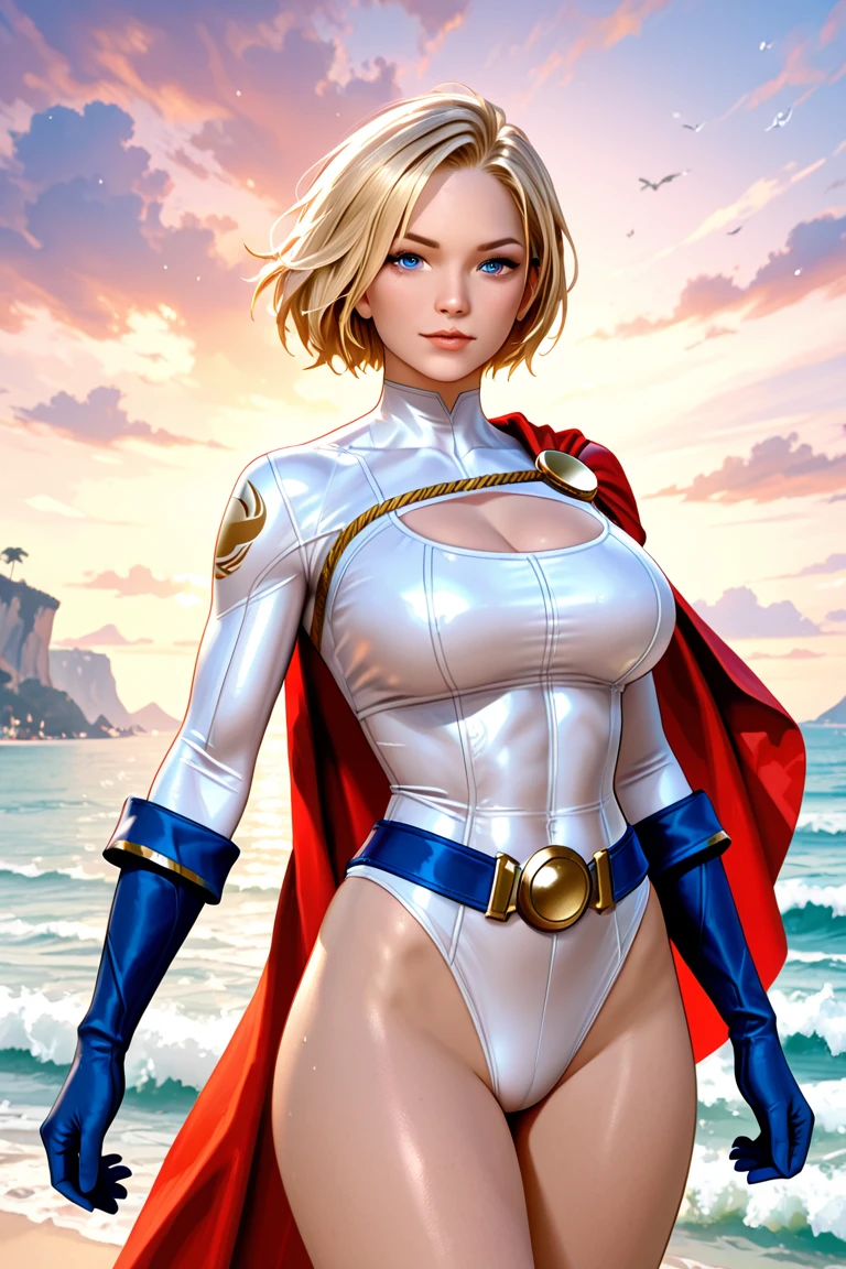 NSFW. kara, short blonde hair, blue eyes, ((blue bikini)), large breasts, shoulder cape, standing, upper body, solo, morning, deserted beach with cliffs, cloudy sky, serious, (insanely detailed, beautiful detailed face, masterpiece, best quality)