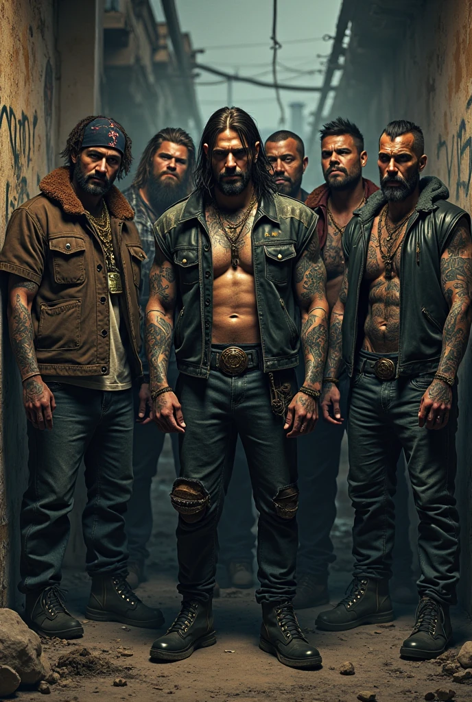 create an image of a handsome american biker gang, tough, macho, brutal, violent, fierce, intimidating, dressed in biker gang style, tattoos, smoking a cigarette. standing in the middle of a street. 70's movie style, vintage color film.