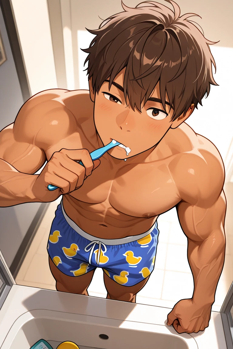 Cute young boy sitting on school bus seat, alone, with a really oversized butt, and wide thighs, with freckles, very tight blue shorts, knee high socks, blushing, very round butt, horny facial expression, middle schooler, short height, very short shorts, brown messy hairstyle, human, no shirt on, sweaty abs, glossy abs, shiny thighs, glossy thighs, very huge bulge, oversized bulge, super tight blue shorts, short height, abs have freckles, smirking, hands reaching inside shorts, cyan shorts, striped knee high socks