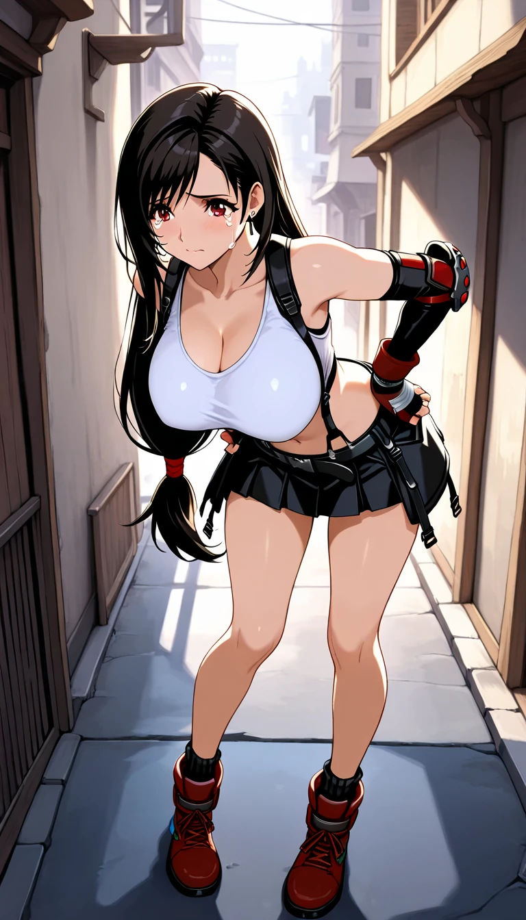 score_9, score_8_up, score_7_up,score_6, score_5,BREAK , from behind,from behind,below view,back focus,ceiling,standing,straight-on ,arms up,arms behind head.arms in hair,(mediumshot),1girl, tifa lockhart, final fantasy, tareme,black hair, low-tied long hair, red eyes, bangs, (white tank top, belt, pleated skirt, thighhighs, elbow fingerless gloves, elbow pads, midriff, navel,suspender skirt) ,(large_breast),(light smile),Curvy waist,,Solo,,(daytime and beachside and city),detailed skin,(best quality),(aesthetic,very aesthetic),UHD,HDR,extremely detailed CG unity 8k wallpaper,anime,highly detailed,sharp focus,depth of field,,professional lighting,cinematic lighting, , 　　
