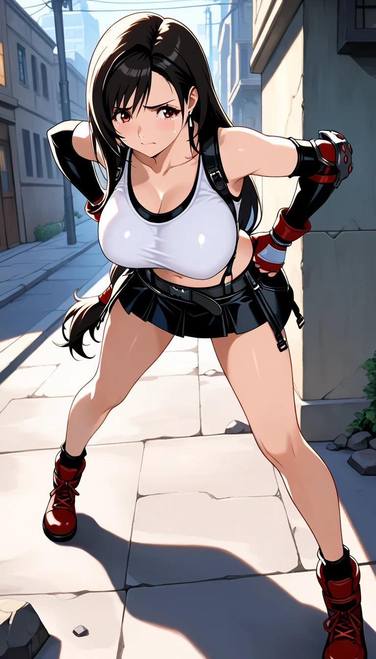 Tifa,
Sweat, cocky smirk,
Looking down on Viewer, From below, Focus,
Particles of light, dark alley ,
masterpiece, top-quality, Anatomically correct, SFW,
POV, girl on top,