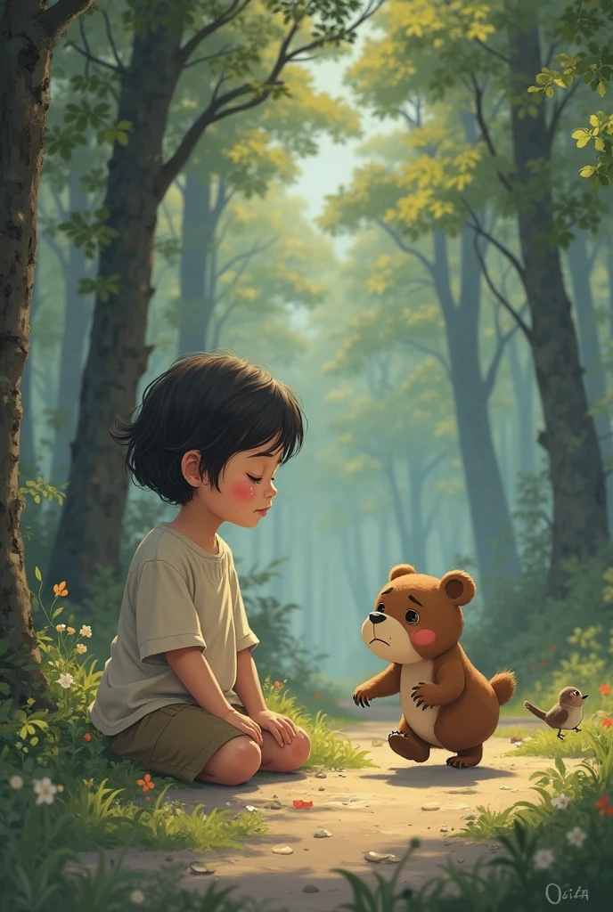 The boy walked out but left a brown teddy bear on the bench.