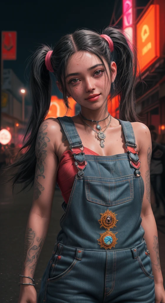 uma jovem morena de 18 anos sorrindo, (wearing torn and dirty overalls) cabelo curto cacheado, tatuagens no corpo e no rosto , olhos  grandes azuis, (Neon city background at night),Mouth fleshy lips with red lipstick, with the medallion on the neck,brinco, penetrante , seios grandes, sweaty skin with imperfections,Tatuada no rosto, ,(Pigtails de cabelo com gravatas)detalhes intricados ( 8k super realista) em uma cidade com fundo neon cyberpunk