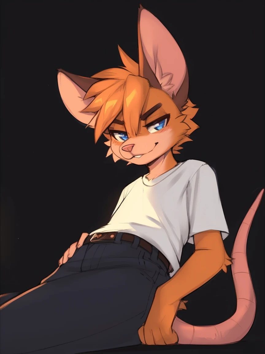 Art by Zackary, solo, Raymond (animal crossing:0.6), male, malecat, feline, gray fur body, black ears, side part hair, yellow hair, green eyes, black glasses, nude, white abdomen, kneeling on the bed, four position, hand on the floor, badyiffymix41