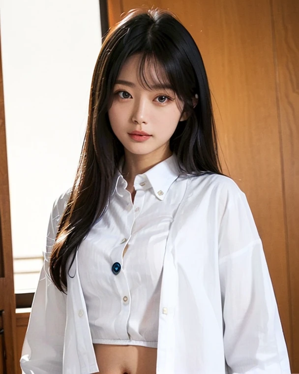 best quality, 8K, masterpiece, (portrait: 1.3), (Photo-realistic:1.4), (Surrealism:1.4), Clear focus, Looking at the audience, (Smoother lighting:1.1), (Improve lighting quality:0.9), Realistic lighting, Backlight, There is light on the face, Ray Tracing, (Bright Lights:1.2), (quality improvement:1.4), Crisp details, (Highest quality real texture skin:1.4), finely detailed Eye, Black_Eye, Delicate face, 25-year-old Korean woman, (White official_shirt:1.4), (Create an image that keeps the original base model&#39;s hairstyle:1.5)