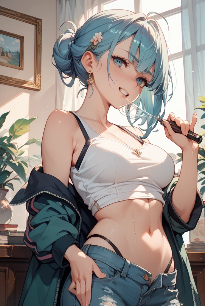 {Moist feather(hololive)}, 1girl in, Short hair, Double bun, {Emerald green hair}, {{Red Eyes}}、masterpiece、top-quality、Very flat chest, very flat chest、小柄、Many piercings in the ears{hatred}、grimacing、irate、{Deadly}、demon king、{full body Esbian}、Sitting on a chair、Aura of Darkness、very short black denim hot pants、white tank tops、Very sheer tank top、inside in room、Blue-winged butterfly、watching at viewers、