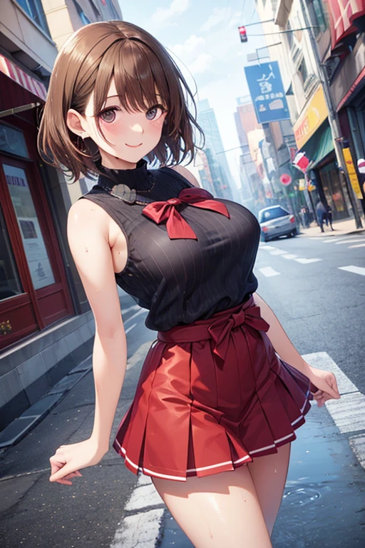 Red and black plaid mini skirt、White lace blouse、Red vest、black very short hair、small breasts、cleavage,pet collar、black eye