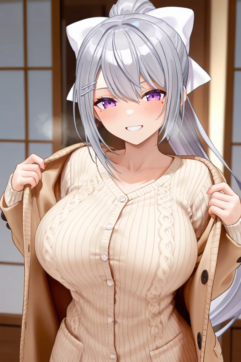 masterpiece, highest quality、1　Mature Woman、Silver Hair、Side Ponytail、Braid、Odd Eye、(((Big Breasts)))、Red jersey、Empty chest、smile、Square、