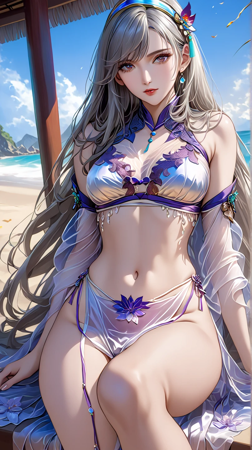 ((Highest quality)), ((masterpiece)), (detailed), (Perfect Face)、Naked Women、She has blue eyes and medium-length silver hair...。.