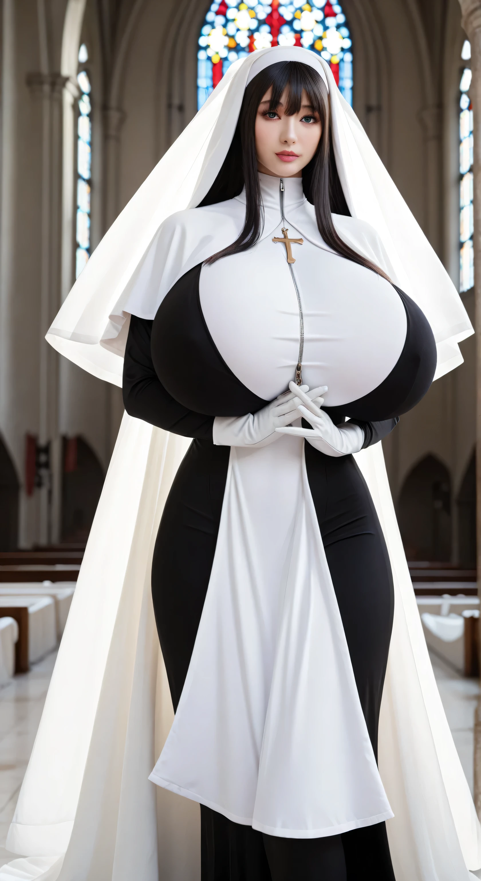 woman, curvy, (shiny skin:1.3), absurdly long black wavy hair in a high ponytail, happy, big breasts, sexy leather nun outfit, eye contact, facing the camera, in the church, altar in the background, cowboy shot, cinematic lighting, masterpiece, detailed, hdr, <lora:MoreDetails:0.8>, <lora:BreastSizeSlider:0.3>, <lora:PerkyBreasts:0.8>, <lora:skin_slider_v2_1_FACE:0.8>