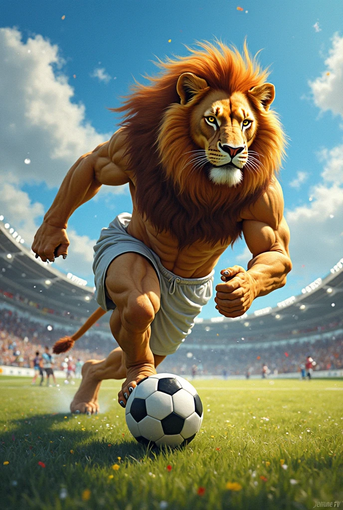 A muscular man. Lion beast head.Playing soccer