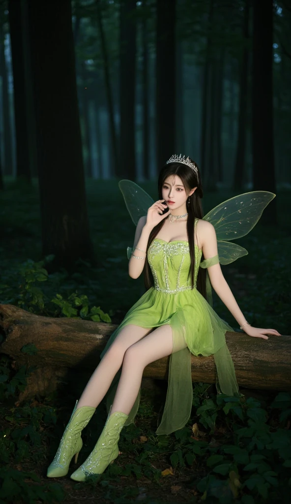best quality, masterpiece, 1girl, solo, Adult 30 year old, Flying Fairy, long brunette hair, pointed ears, FairyBase, bare shoulders, Short Skirt made of leaves, topless, jewelry, soft lighting, full body, no panties.