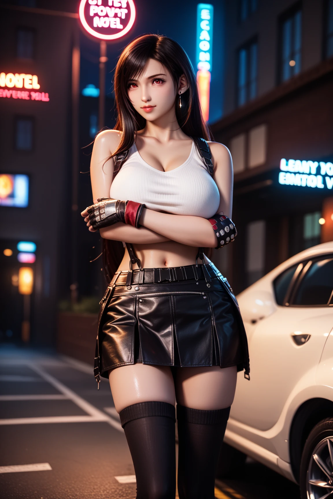 (8k, best quality, masterpiece:1.2), (whole bodyesbian:1.2),(actual, photorealistic:1.37), Super detailed, 1 girl,Lovely, alone, (Tifa Lockhart), (huge breasts),(美丽细致的Eye), (Smile:1.2), (Keep your mouth shut), posture, Dance, neon lights, city View, depth of field, dark intense shadow, sharp focus, car, motion blur, motorcycle, depth of field, Well composed, green glowing light, Final Fantasy VII, obsolete,(nose blushing), Single elbow pad, ankle boots, black hair, black stockings, Red boots, elbow gloves, Elbow pads, fingerless gloves, Skinny shirt, exercise well, (suspender black skirt), thigh, white vest, whole body, headrest, lips, pretty face, Long hair tied low, ((Red_Eye)), flower, (night:1.3), complex, Bokeh, light, photon mapping, radio city, Physically based rendering, (Tetsuya Nomura Style), NSFW, perfect breasts