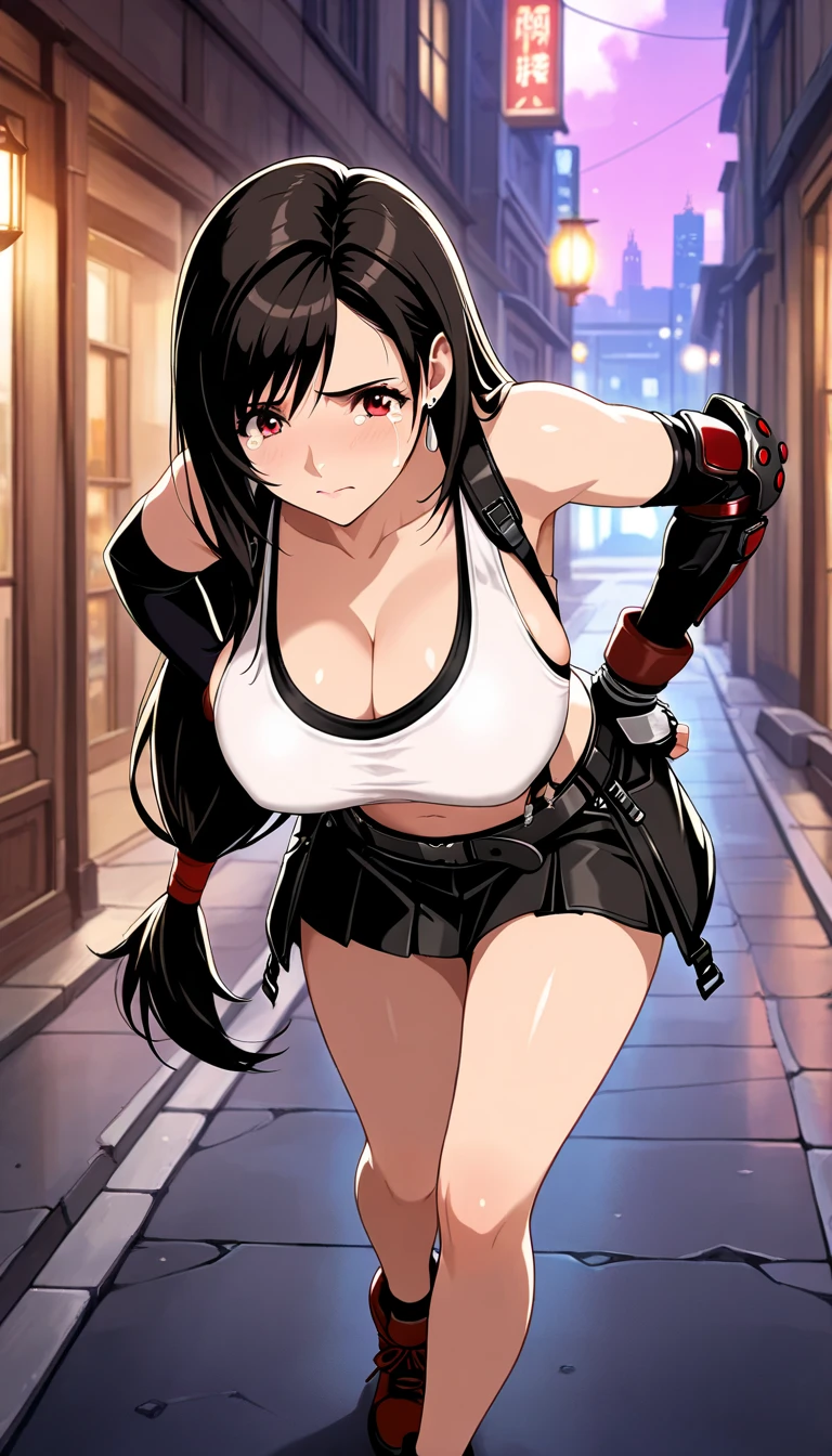 masterpiece, best quality, 1girl defTifa, Red Eyes, Low-tied long hair, earrings, White short top, Suspenders, Black mini skirt, Pencil Skirt, arm warmer, Black elbow gloves, Elbow pads, Red gloves, Red footwear, Squint your eyes, Smile, Large Breasts. (Cleavage)8k, Super detailed, fair and aesthetic, high quality, fair, masterpiece, best quality, permanent, lean forward, Glowing skin, Sticking out tongue of mouth, blush, Sexy body, Definition, Perfect eyes, Sticking out tongue, blush, Strabismus,(with tears in eyes, Saliva residue), The hem of the skirt is wet, Brushed, photography, 8k, HDR, high resolution, absurd:1.2, Kodak Portrait 400, Film Grain, Blurred background, Bokeh:1.2, lens flare, (Energetic_color:1.2),专业photography师