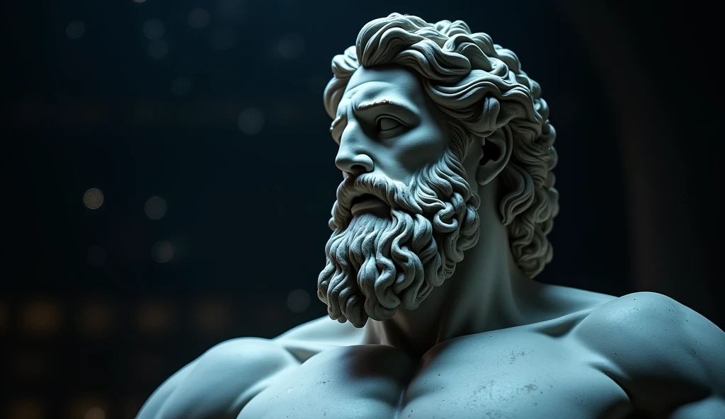 Foto de uma estatua de um deus grego, com barba, philosopher, com um templo ao fundo, 8k, cinematografia, epic light and shadow, muito contraste, fotografia profissional, uma profundidade de campo rasa, esculpido por michelangelo, capturado com uma NIkon D850 e uma Nikon AF-S NIKKOR 70-200mm f/2.8E FL ED VR lente, illuminated with high-key lighting to create a soft, ethereal feel,