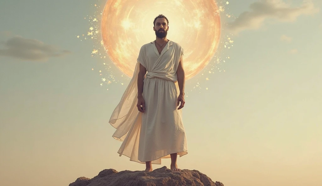“ A male stoic philosopher with a well-proportioned and attractive physique, not excessively muscular. He is wearing classic tunics, slightly transparent, that gently drape over his body, subtly revealing parts of his shoulder, with a very short and well-groomed beard, and wavy, well-stylised hair. He is poised to take decisive action, perhaps holding a symbolic object of new beginnings or a plan, with a look of resolve and optimism. The scene is set in a vibrant, impressionist landscape with rich colors and dynamic brushstrokes, creating a sense of movement and emotion. The background has a subtle texture that adds depth but complements the text without overpowering it.”